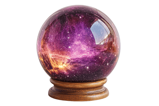 Mystical crystal ball with cosmic design on wooden base png