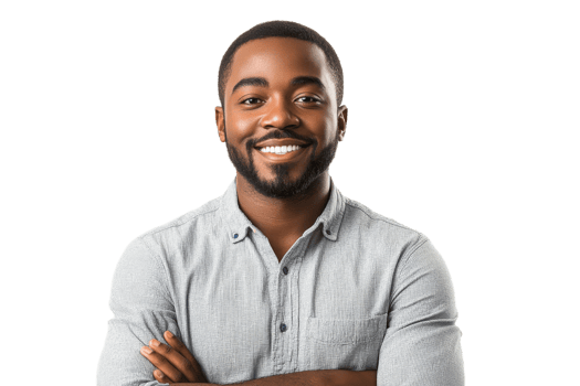 Confident man with beard in casual shirt smiles png