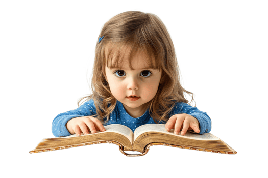 Child reading a book with curiosity and focus png