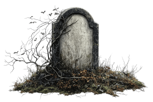 Grave marker surrounded by bats and overgrown plants png