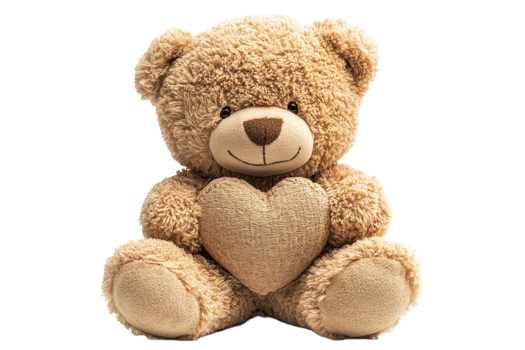 Soft teddy bear holding a heart shaped pillow png