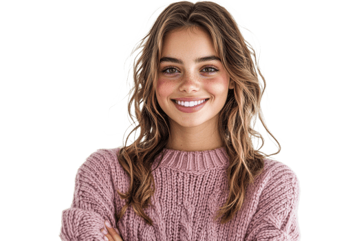 Smiling young woman wearing cozy sweater with joy png