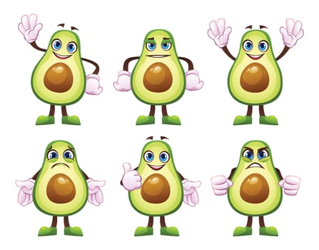 Set of cartoon avocado characters showing different expressions and actions. Illustration vector