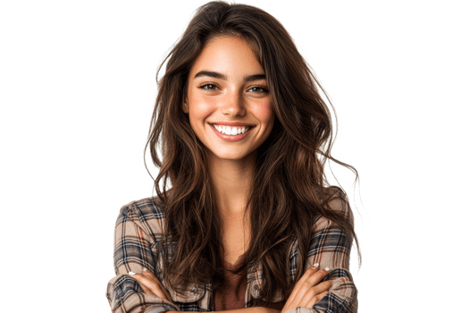 Smiling brunette woman in plaid shirt, portrait, cheerful expression, cut out transparent png