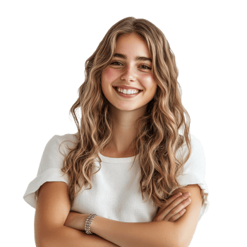 Cheerful woman with crossed arms smiles brightly, cut out transparent png