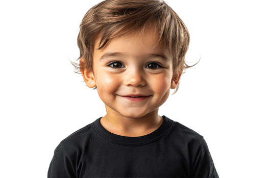 Adorable toddler smiles, brown eyes, dark shirt, isolated on black, cut out transparent png