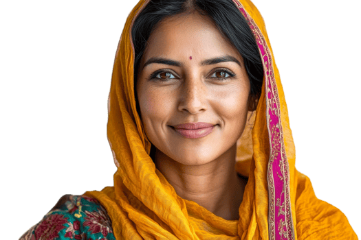 Woman with headscarf smiles gently with kindness, cut out transparent png
