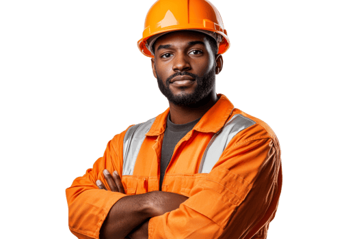 Confident construction worker in orange uniform posing, cut out transparent png