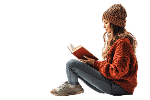 Woman reading book in warm clothes, wintertime, cut out transparent png