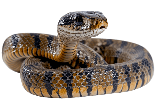 Snake with head raised, coiled body, vibrant colors, cut out transparent png