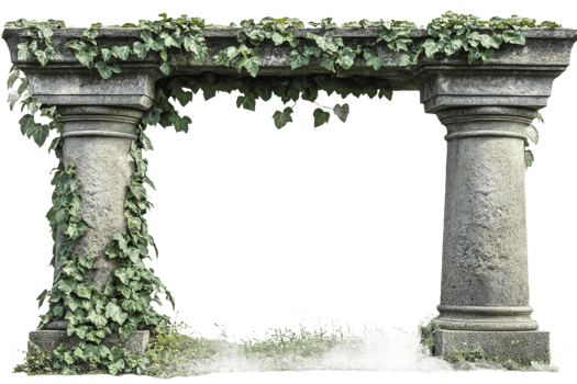 Antique stone archway covered in ivy, garden element , cut out transparent png