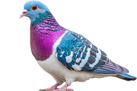 Colorful fancy pigeon, detailed plumage, isolated on black, cut out transparent png