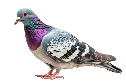 Isolated iridescent pigeon with detailed feathers, cut out transparent png