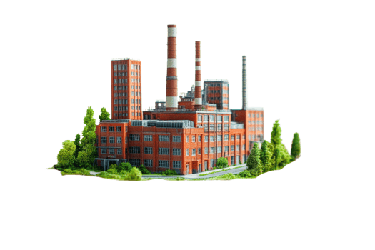 Industrial complex with towers, brick facade, trees, cut out transparent png