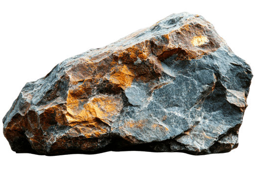 Isolated weathered rock with grey and orange tones, cut out transparent png