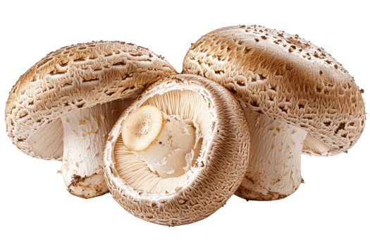 Three brown mushrooms of different shapes, cut out transparent png