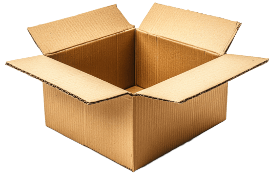 Open cardboard box, package container, empty, brown, isolated, cut out transparent png