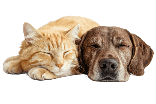 Adorable ginger cat and brown dog sleeping together , cut out transparent png