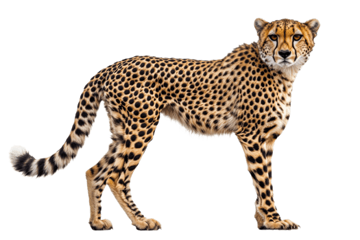 Majestic cheetah stands proud, showcasing its striking spots, cut out transparent png