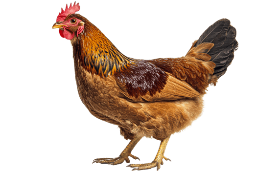 Brown feathered hen with red crest standing, farm animal, cut out transparent png