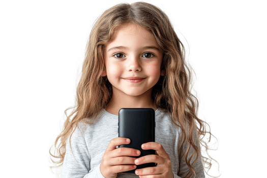 Adorable girl holding smartphone with lovely smile, cut out transparent png