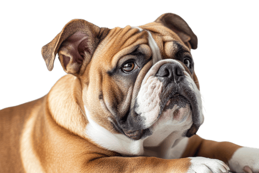 Brown bulldog portrait with a wrinkle muzzle and short hair, cut out transparent png