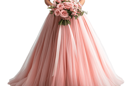 Woman with flowers in dress, skirt in pink color, cut out transparent png