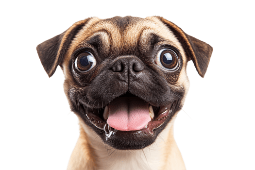 Joyful pug portrait, dog with big eyes and tongue, cut out transparent png