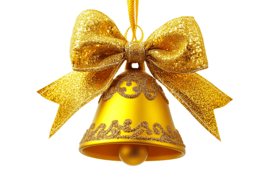 Golden Christmas bell with a bow decoration, cut out transparent png