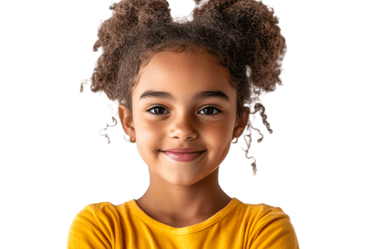 Smiling girl with curly hair in yellow shirt portrait, cut out transparent png