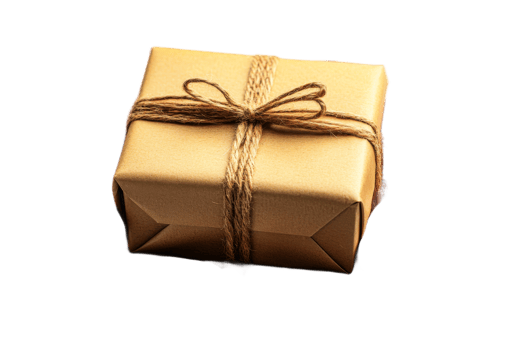Gift box, wrapped in craft paper tied with twine, cut out transparent png
