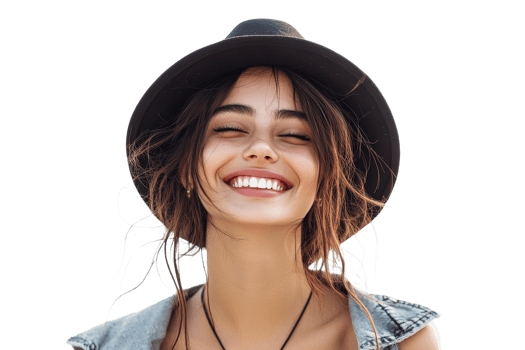 Young woman smiling with closed eyes, wearing a hat, cut out transparent png
