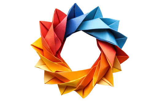 Colorful origami circular pattern on a black background, cut out transparent png
