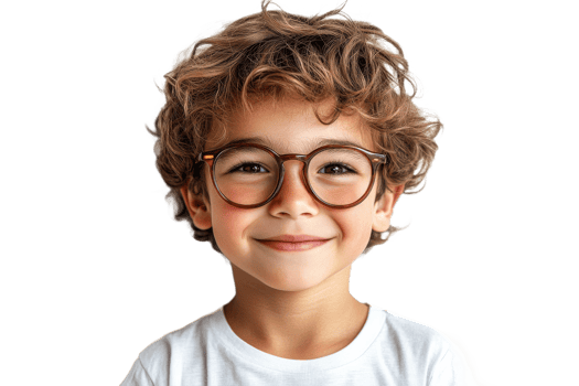 Smiling young boy portrait with glasses, brown curly hair, cut out transparent png