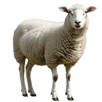White sheep stands upright, looking at the camera, cut out transparent png