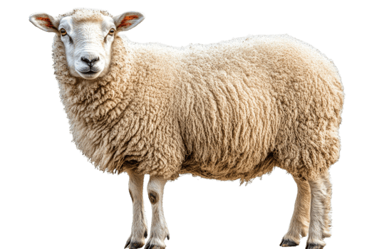 A close-up studio shot of a fluffy sheep looking at camera, cut out transparent png