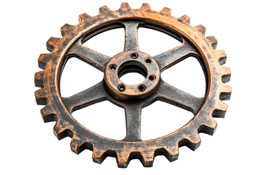 Detailed steampunk cogwheel with textured bronze, cut out transparent png