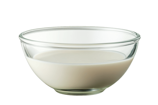 Glass bowl filled with milk standing against black backdrop, cut out transparent png