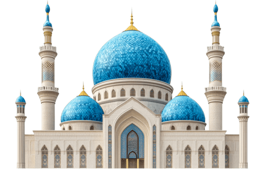 Mosque with Blue Domes and Minarets, Muslim Architecture, cut out transparent png
