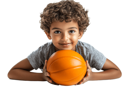 Smiling boy with basketball, childhood sport concept, cut out transparent png