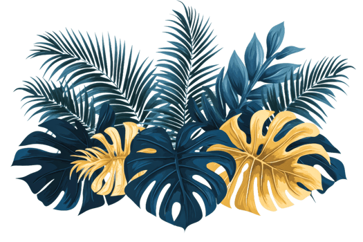 Tropical leaves composition in blue and gold colors, cut out transparent png