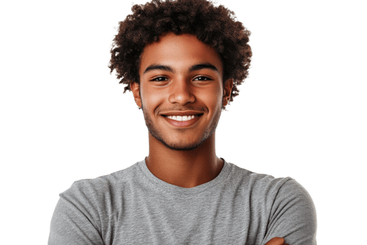 Smiling young man with curly hair and gray t-shirt, cut out transparent png