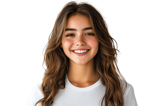 Smiling young woman with long brown hair, cut out transparent png