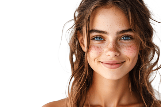 Portrait of a freckled blue eyed girl with long brown hair, cut out transparent png