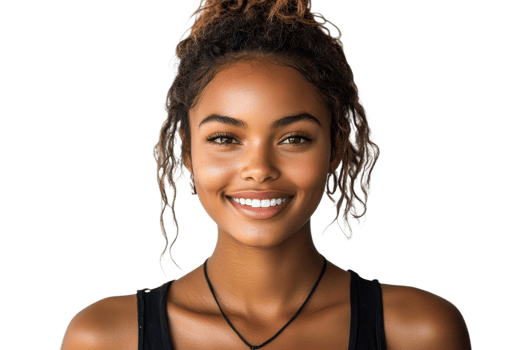 Portrait of a radiant young woman with curly hair, smiling, cut out transparent png