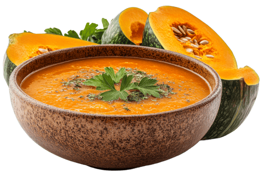 Pumpkin soup with fresh parsley in rustic bowl, cut out transparent png