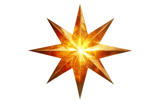 Shiny eight-pointed star in golden light, glow, on black, cut out transparent png