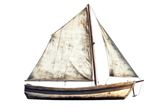 Old sailing ship vessel, vintage design with sails, cut out transparent png