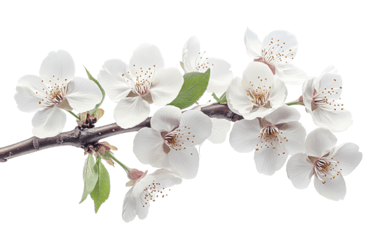 Branch with Blooming White Flowers on Black Background, cut out transparent png