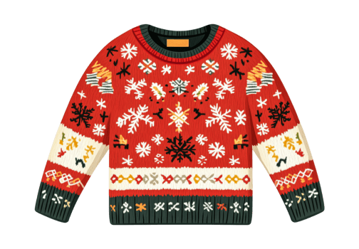 Ugly Christmas sweater with snowflakes pattern, knitted fabric, cut out transparent png